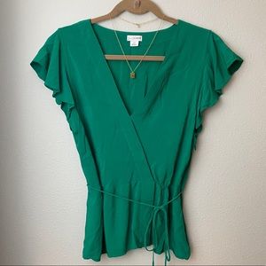 J. Crew Green Ruffle Sleeve Peplum Top